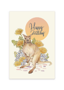 birthday card postcard image with wallaby and flowers