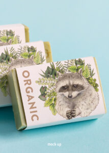 soap package mockup with illustration of raccoon