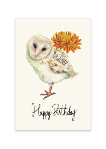Birthday card illustration with owl and a flower