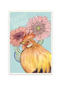 postcard with illustration of rooster and gerbera