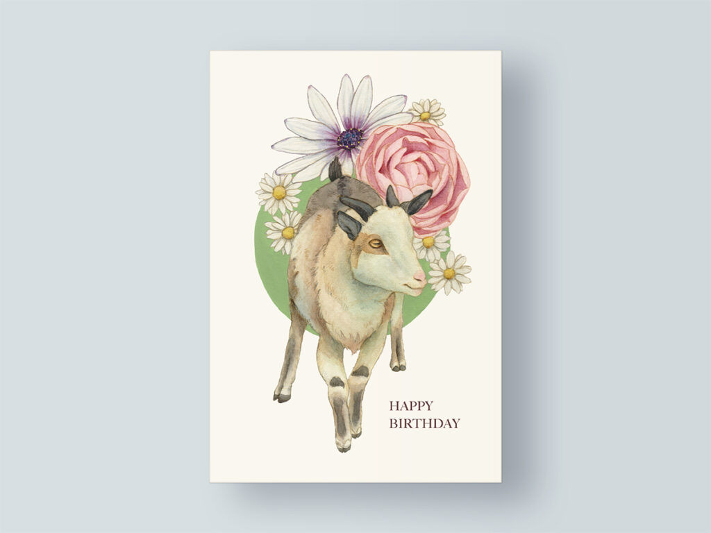 birthday card illustration with goat and flowers