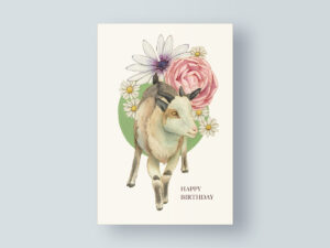 birthday card illustration with goat and flowers