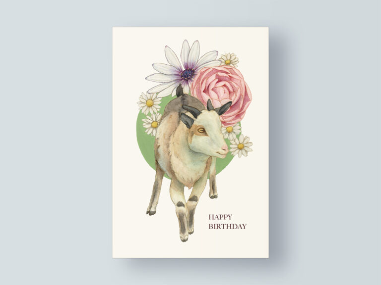 birthday card illustration with goat and flowers